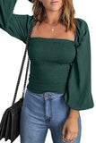 Women's Solid Color Shirred Top Square Neck Billowy Sleeves Blouse