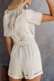 V Neck Button Down Belted Short Sleeve Romper with Pockets