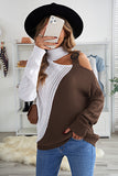 Cold Shoulder Turtleneck Knit Sweater Color Block Jumper Tops