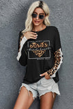 Leopard Print Long Sleeve Graphic Womens Tees Crew Neck Black Color Block Top