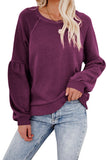 Puff Sleeve Crew Neck Plain Sweatshirt For Women