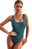 Rib Knit Scoop Neck One-piece Swimsuit with Belt