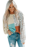Women's Patchwork Color Block Long Sleeve Top Puff Sleeve Rib Knit Leopard Pullover