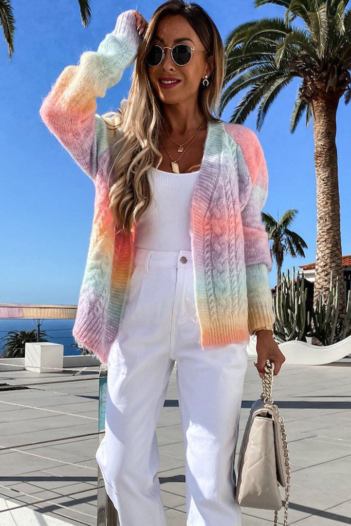 Gradient Color Chunky Knit Cardigan Open Front Cardigan