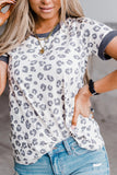 Women's Leopard Print Casual Tee Crew Neck Color Block Short Sleeve Shirt