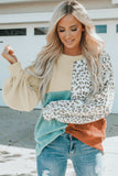 Women's Patchwork Color Block Long Sleeve Top Puff Sleeve Rib Knit Leopard Pullover