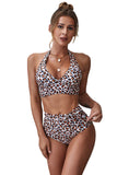 Leopard Print Bikini Set Push Up Halter Top High Rise Tie Shorts