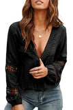Women's Crochet Deep V Neck Blouse Puff Sleeve with Hollow Out Shirt