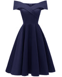 Women's Solid Off Shoulder Empire Waist Satin Ball Gowns Cocktail Dresses