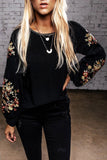 Women's Floral Embroidery Blouse Crew Neck Puff Long Sleeve Top