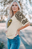 Womenn's Crew Neck Graphic Blouse Ruffled Leopard Sleeve Patchwork Top