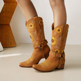 Women's Embroidered Sunflower Cowboy Boots Chunky Heel Retro Square Toe Martin Boots