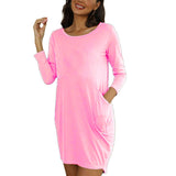 Long Sleeve Crew Neck Plain Plus Size T-Shirt Dress Pink