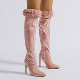 Women's Pink Velvet Plush Zipper Knee High Stiletto Heels Boots