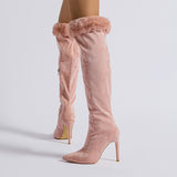 Women's Pink Velvet Plush Zipper Knee High Stiletto Heels Boots