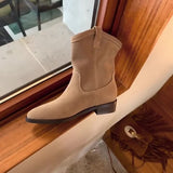 Women's Khaki Vintage Pointed Toe Chunky Heel Western Cowboy Boots