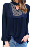 Womens Stand Collar Cutout Lace Patchwork Long Sleeve Blouse Navy Blue