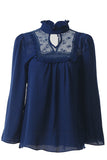 Womens Stand Collar Cutout Lace Patchwork Long Sleeve Blouse Navy Blue