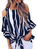 Womens Cold Shoulder Tops Tie Front Striped Blouse