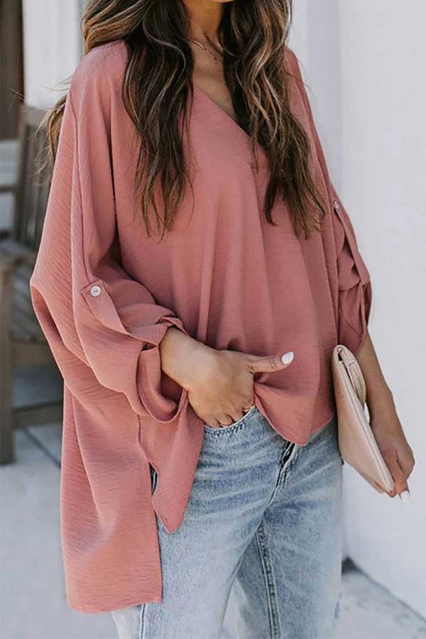 Women'S Solid V Neck High Low Blouse Pink