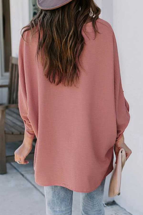 Women'S Solid V Neck High Low Blouse Pink