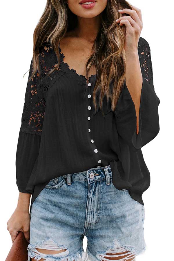 Crochet Lace Button Front Bell Sleeve Blouse Black