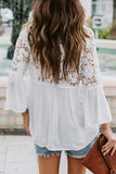 Bell Sleeve Crochet Lace V Neck Button Blouse White