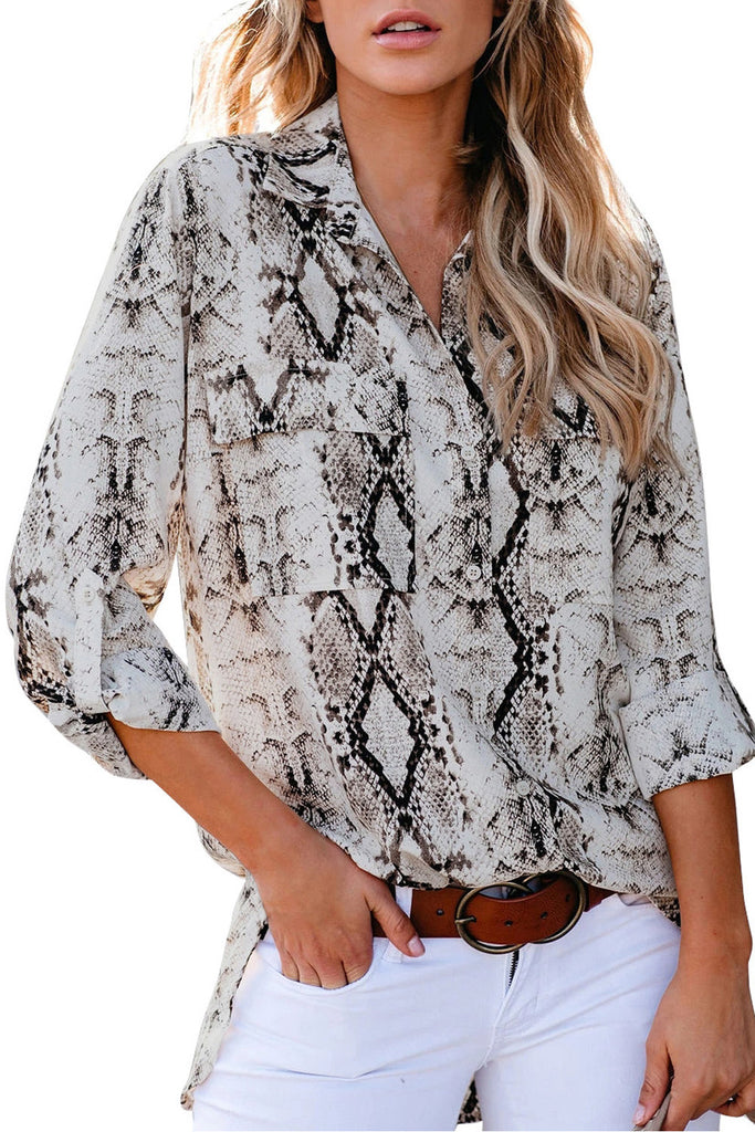 Snakeskin Print 3/4 Sleeve Button Front Blouse With Pocket Grey