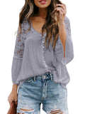 Crochet Lace Sheer Pleated Button Casual Blouse