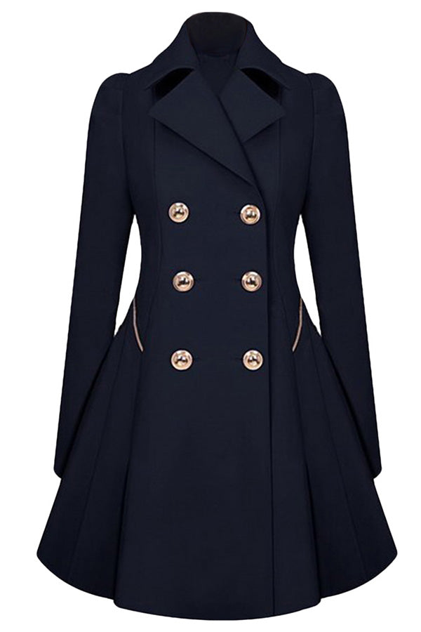 Womens Double-breasted Pleated Slimming Trench Coat Navy Blue