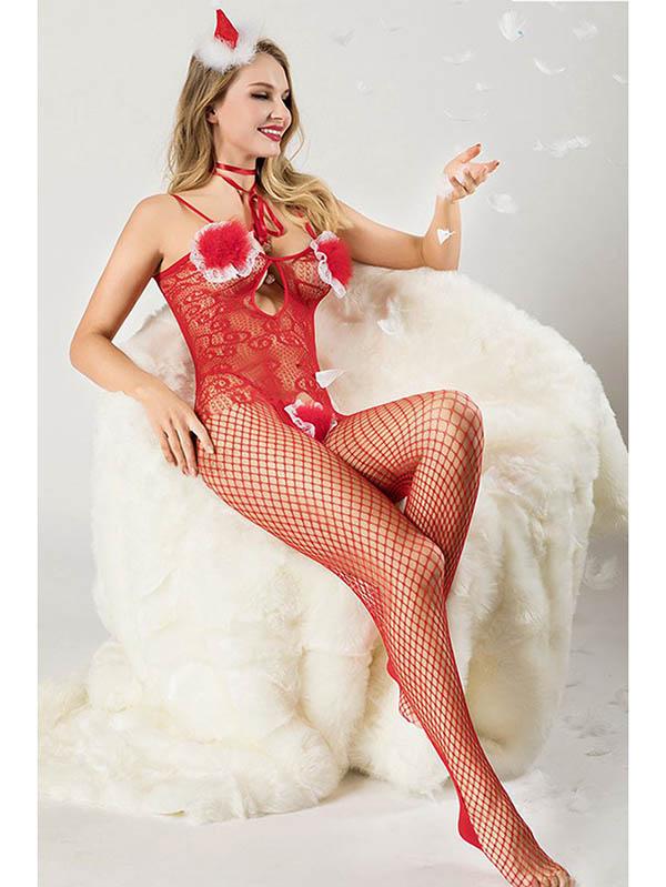 Christmas Red Lace Fishnet Bodystocking