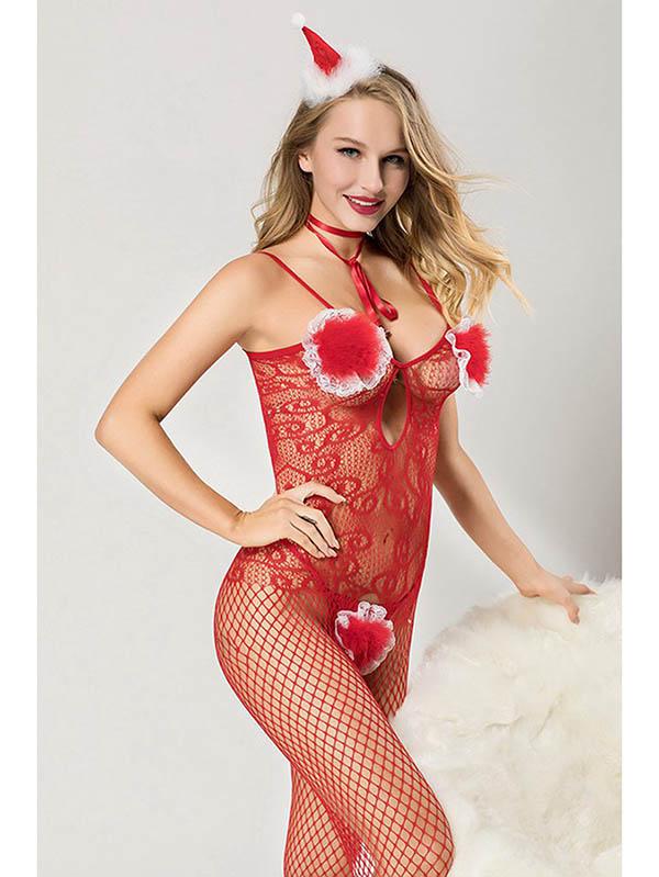 Christmas Red Lace Fishnet Bodystocking