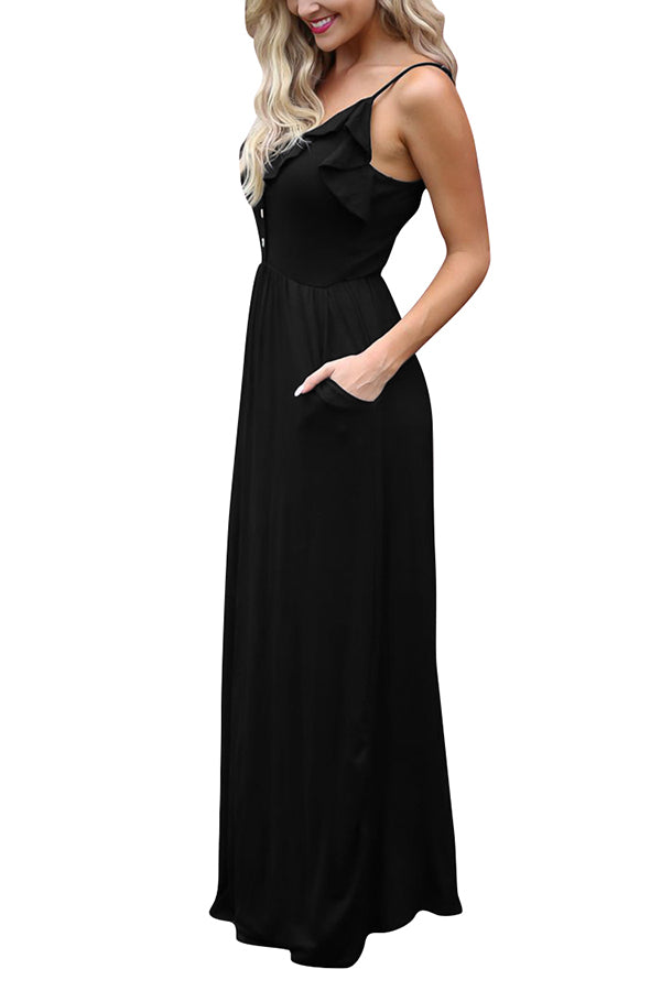 Button Front Cami Maxi Dress With Pockets Black