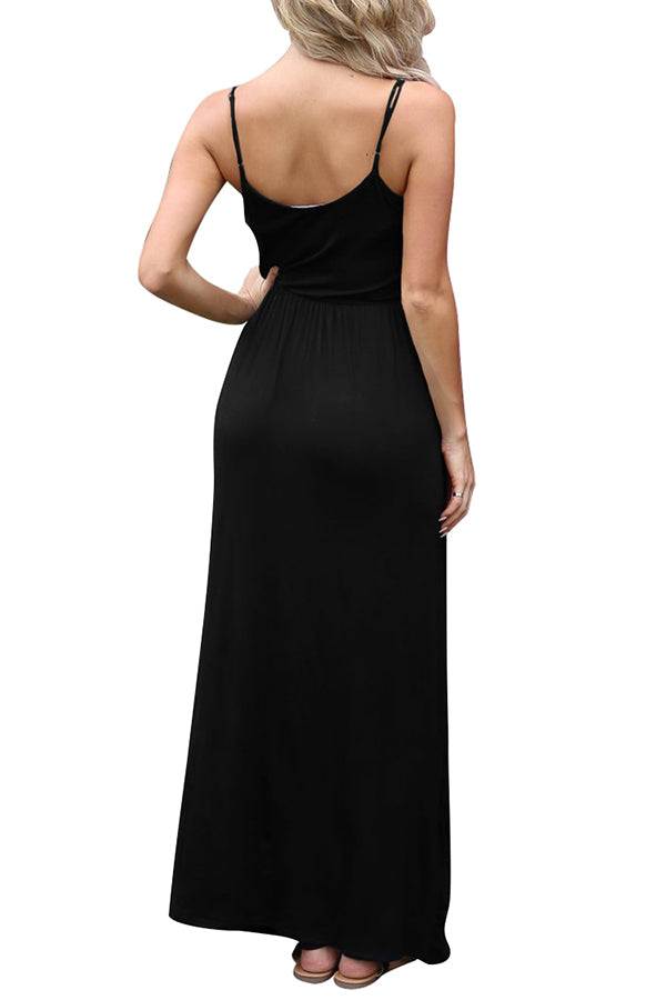 Button Front Cami Maxi Dress With Pockets Black