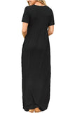 Womens High Waisted Short Sleeve Pocket Plain Maxi Dress Black