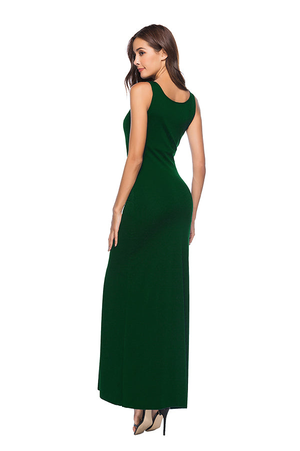 Elegant U Neck Sleeveless Close-Fitting Plain Maxi Tank Dress Dark Green