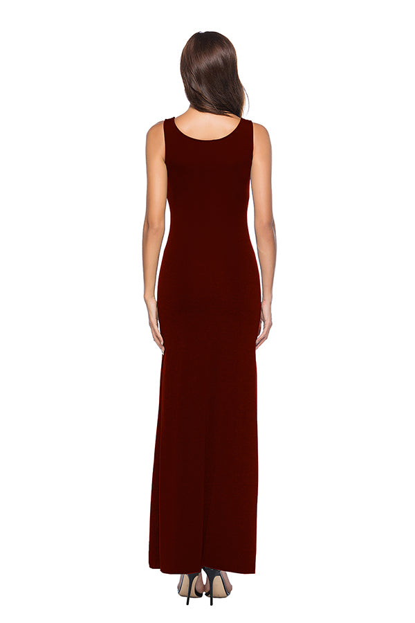 Elegant U Neck Sleeveless Close-Fitting Plain Maxi Tank Dress Ruby