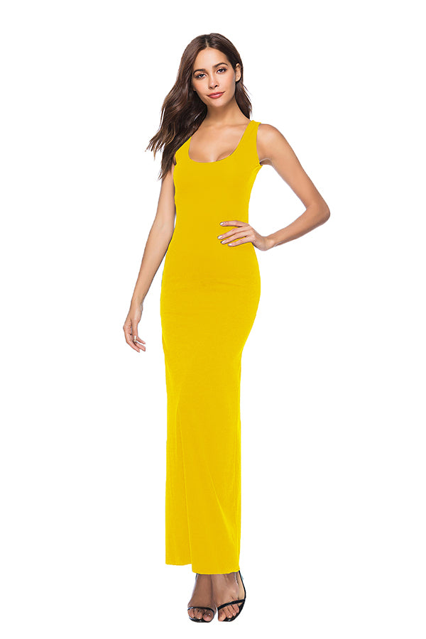 Elegant U Neck Sleeveless Close-Fitting Plain Maxi Tank Dress Yellow