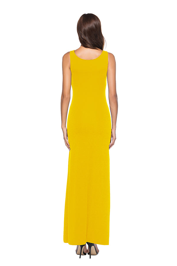 Elegant U Neck Sleeveless Close-Fitting Plain Maxi Tank Dress Yellow