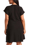 V Neck Short Sleeve Zipper Back Surplice Wrap Plus Size Dress Black