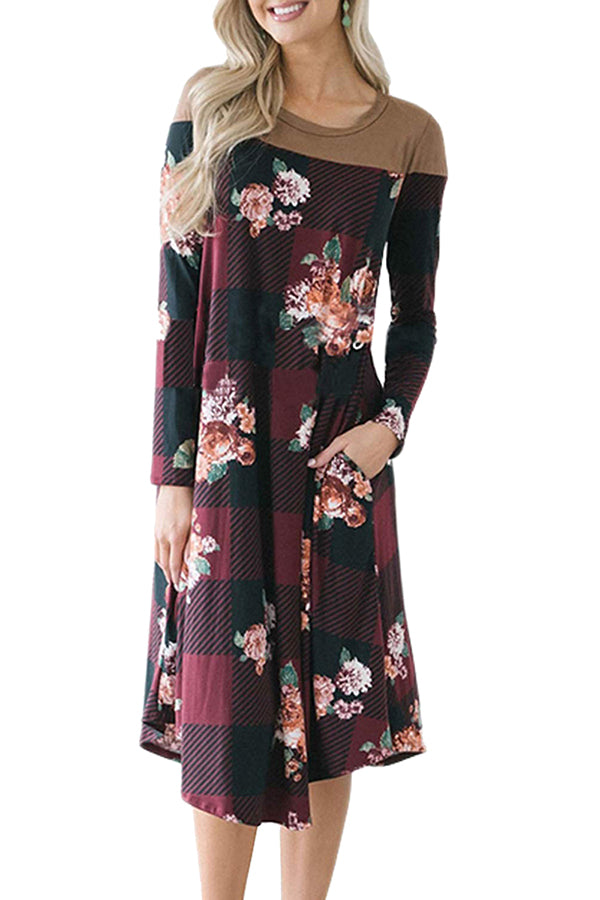Long Sleeve Floral Print Front Pocket Plaid Loose Midi Dress Ruby