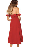 Button Front Flounce Off Shoulder Midi Dress Red