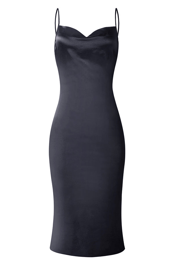 Solid Open Back V Neck Cami Midi Dress Black