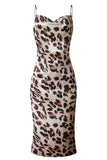 V Neck Leopard Print Cami Midi Dress Chestnut