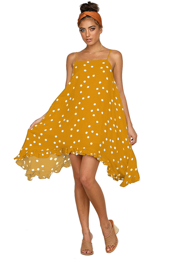 Women's Ruffle Trim Polka Dot Slip Dress Yellow