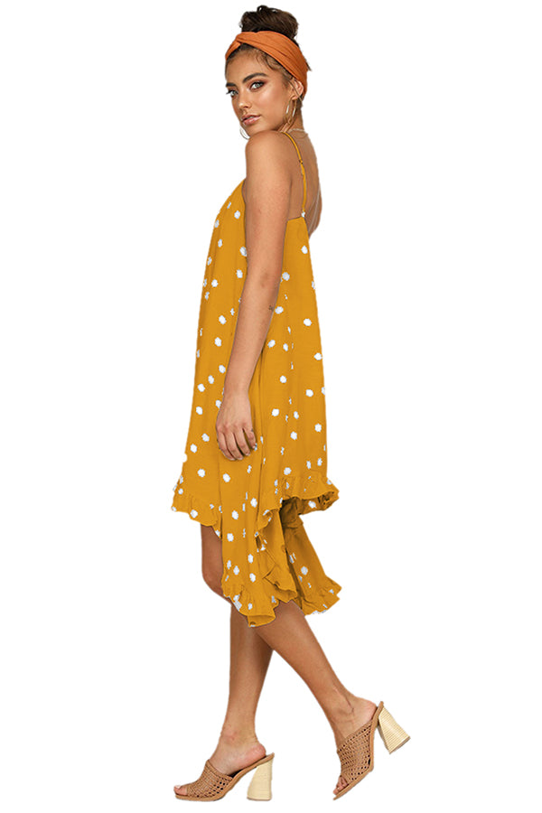 Women's Ruffle Trim Polka Dot Slip Dress Yellow