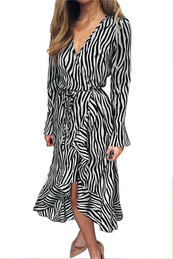 V Neck Zebra Print Ruffle Long Sleeve Midi Dress Gray