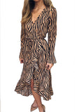 V Neck Long Sleeve Zebra Print Midi Dress Khaki