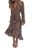 V Neck Long Sleeve Zebra Print Midi Dress Khaki