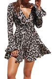 V Neck Long Sleeve Leopard Mini Chiffon Dress Gray